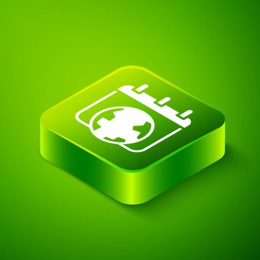 Isometric Dünya Günü ikonu yeşil arka planda izole edildi. Çevre dostu dünya. Ekoloji ve doğa kavramı. Yeşil kare düğmesi. Vektör.