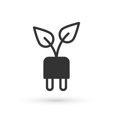 Yaprak simgesindeki gri elektrik prizi beyaz arkaplanda izole edildi. Elektrik tasarrufu. Çevresel koruma. Biyolojik enerji. Vektör.
