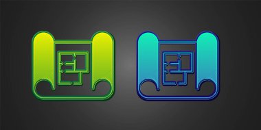 Yeşil ve Mavi Ev planı simgesi siyah arkaplanda izole edildi. Vektör.