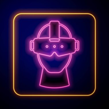 Parlayan neon gözlük simgesi siyah arkaplanda izole edildi. Stereoskopik 3D VR maskesi. Optik baş monte edildi. Vektör.
