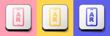 Isometric Augmented reality AR icon isolated on pink, yellow and blue background. Virtual futuristic wearable devices. Square button. Vector.