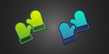 Siyah arka planda izole edilmiş yeşil ve mavi örgü Noel eldiveni ikonu. Mitten simgesi. Mutlu Noeller ve mutlu yıllar. Vektör.