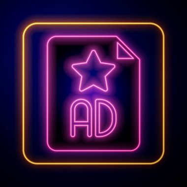 Parlayan neon reklam simgesi siyah arkaplanda izole edildi. Pazarlama ve tanıtım süreci kavramı. İlgili reklamlar. Sosyal medya reklamcılığı. Vektör.