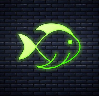 Parlayan neon balık simgesi tuğla duvar arkasında izole edilmiş. Vektör.