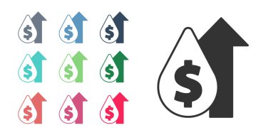 Beyaz arkaplanda siyah yağ fiyat artışı simgesi izole edildi. Petrol endüstrisi krizi konsepti. Simgeleri renklendirin. Vektör.