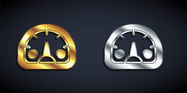 Gold and silver Speedometer icon isolated on black background. Long shadow style. Vector.