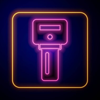 Siyah arka planda izole edilmiş uzaktan kumandalı parlak neon araba anahtarı. Araba anahtarı ve alarm sistemi. Vektör.