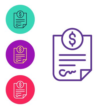 Sözleşme para simgesini beyaz arkaplanda ayır. Bankacılık belgeleri dolar finans para sayfası. Simgeleri renklendirin. Vektör.