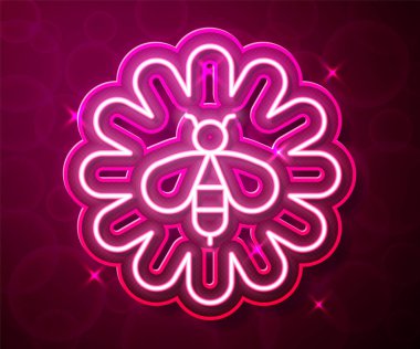 Glowing neon line Bee on flower icon isolated on red background. Sweet natural food. Honeybee or apis with wings symbol. Flying insect. Vector.
