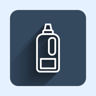 Çamaşır deterjanı, çamaşır suyu, bulaşık deterjanı ya da uzun gölgeli bir temizlik malzemesi ikonu için beyaz çizgi. Mavi kare düğme. Vektör.