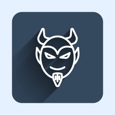 Beyaz çizgi Şeytan baş simgesi uzun gölge arkaplan izole. Mutlu Cadılar Bayramı Partisi. Mavi kare düğme. Vektör.