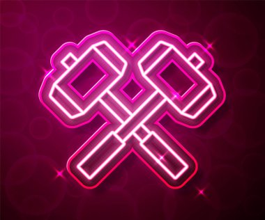 Glowing neon line Medieval crossed battle hammers icon isolated on red background. Vector.