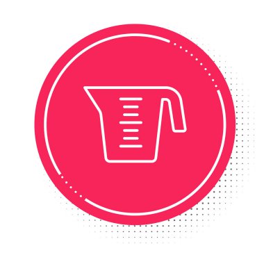 Beyaz çizgi ölçme kabı beyaz zemin üzerinde izole edilmiş kuru ve sıvı yiyecek ikonunu ölçmek için. Plastik şişenin sapı var. Kırmızı daire düğmesi. Vektör.