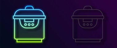 Parlayan neon hattı Yavaş pişirme simgesi siyah arkaplanda izole edildi. Elektrikli tava. Vektör.