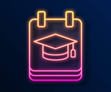 Parlayan neon hattı Online eğitim ve mezuniyet ikonu siyah arka planda izole edildi. İnternetteki öğretmen monitörde. Giyinme ve video semineri öğrenme. Vektör.