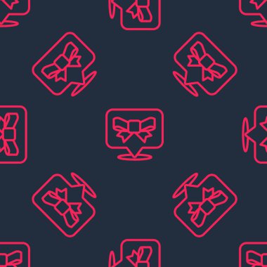 Kırmızı çizgi hediye yay simgesi siyah arkaplanda izole edilmiş kusursuz desen. Vektör.