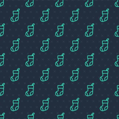 Yeşil çizgi Noel çorap ikonu mavi arka planda izole edilmiş pürüzsüz desen. Mutlu Noeller ve mutlu yıllar. Vektör.