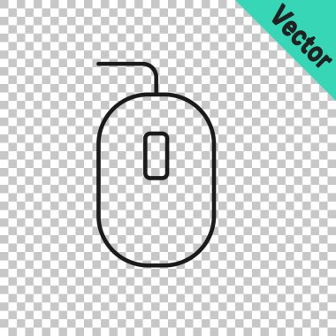 Siyah çizgi bilgisayar fare oyun simgesi şeffaf arkaplanda izole edildi. Tekerlek sembollü optik. Vektör.