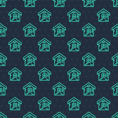 Yeşil çizgi ev ikonu mavi arka planda kusursuz desen izole etti. Sigorta konsepti. Güvenlik, güvenlik, koruma, konsept koruma. Vektör.