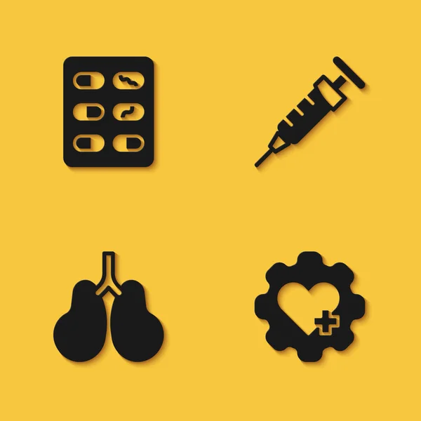 Set Pills Blister Pack Heart Cross Lungs Syringe Icon Long — 스톡 벡터