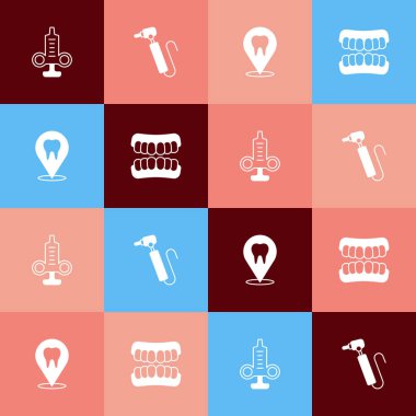 Pop Sanat Şırıngası Diş Matkabı kliniğinin yerini ve Takma Diş modelinin simgesini ayarla. Vektör.