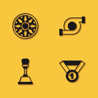 Alloy tekerleği, araba vites kolu ve uzun gölgeli otomotiv turbo şarj ikonu için ayarlayın. Vektör.