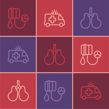 Kan basıncı ayarlayın. Ciğerler ve ambulans arabası ikonu. Vektör.