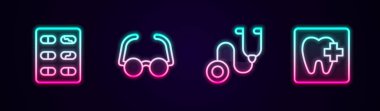 Hat haplarını su toplayan gözlüklü steteskop ve diş sağlığı kliniğine yerleştir. Parlayan neon ikonu. Vektör.