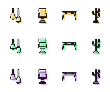 Ofis masasının lambasını sallanan sandalye ve kürsü simgesini ayarla. Vektör.