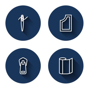 İğneyi iplik desenli dikiş ipliği, fermuarı ve uzun gölgeli tekstil kumaş rulosu için ayarla. Mavi daire düğmesi. Vektör.