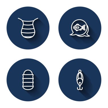 Oltaya balık ağı takın ve uzun gölgeli tuzak kurun. Mavi daire düğmesi. Vektör.