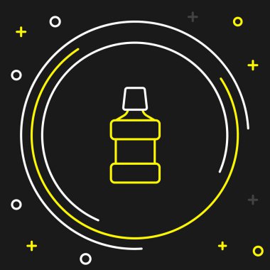 Ağız gargarası plastik şişe simgesi siyah arkaplanda izole edildi. Ağzını çalkalamak için sıvı. Ağız bakım ekipmanları. Renkli taslak konsepti. Vektör.