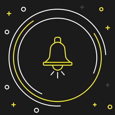 Satır zil simgesi siyah arkaplanda izole edildi. Yangın alarmı. Servis zili, el zili işareti, uyarı sembolü. Renkli taslak konsepti. Vektör.