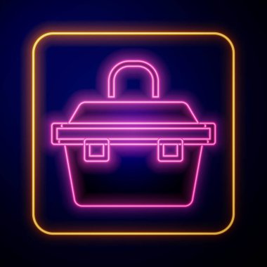 Parlayan neon kabı ya da sallanan kutu kutusu ve siyah arka planda izole edilmiş balıkçılık ekipmanları ikonu. Balık oltası. Vektör.