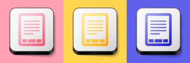 Isometric E-Book okuyucu simgesi pembe, sarı ve mavi arkaplanda izole edildi. Kare düğmesi. Vektör.