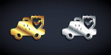 Gold and silver Taxi car insurance icon isolated on black background. Long shadow style. Vector.