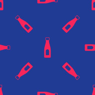 Kırmızı şişe su ikonu mavi arka planda izole edilmiş. Soda su içme tabelası. Vektör.