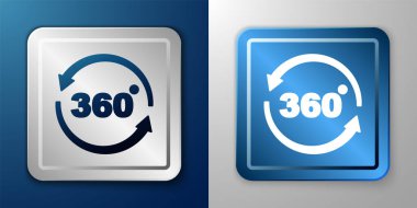 Mavi ve gri arkaplanda beyaz 360 derecelik görüntü simgesi izole edildi. Sanal gerçeklik. 360 derecelik açıyla. Panorama fotoğrafı. Gümüş ve mavi kare düğme. Vektör.