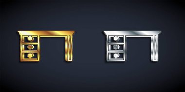 Altın ve gümüş ofis masa simgesi siyah arka planda izole edildi. Uzun gölge tarzı. Vektör.