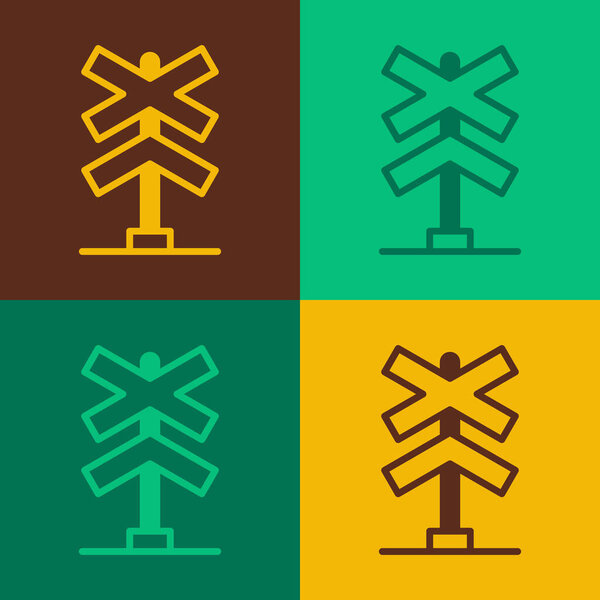 Pop art Railroad crossing icon isolated on color background. Railway sign. Vector.