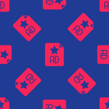 Kırmızı Reklam simgesi mavi arkaplanda izole edilmiş kusursuz desen. Pazarlama ve tanıtım süreci kavramı. İlgili reklamlar. Sosyal medya reklamcılığı. Vektör.