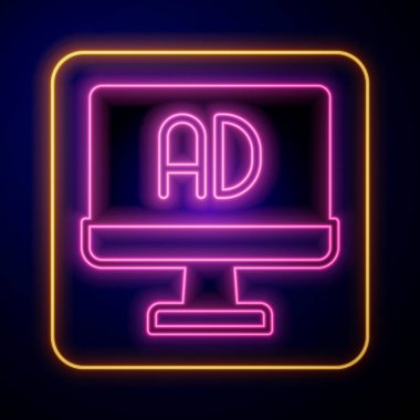 Parlayan neon reklam simgesi siyah arkaplanda izole edildi. Pazarlama ve tanıtım süreci kavramı. İlgili reklamlar. Sosyal medya reklamcılığı. Vektör.