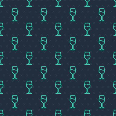 Yeşil çizgi şarap cam ikonu mavi arka planda izole edilmiş pürüzsüz desen. Şarap kadehi işareti. Vektör.