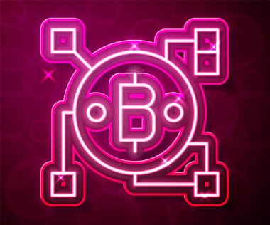 Parlayan neon hattı Blockchain teknolojisi Bitcoin simgesi kırmızı arkaplanda izole edildi. Soyut geometrik blok zincir ağ teknolojisi işi. Vektör.