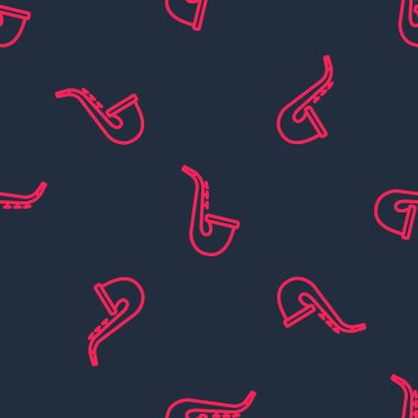 Kırmızı çizgi müzik aleti saksafon ikonu siyah arkaplanda kusursuz desen izole etti. Vektör.