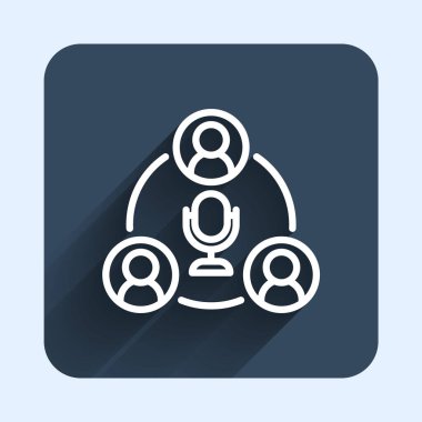 Beyaz çizgi Buluşma simgesi uzun gölge arkaplanı ile izole edildi. İş ekibi toplantısı, tartışma konsepti, analiz, içerik stratejisi. Sunum konferansı. Mavi kare düğme. Vektör.