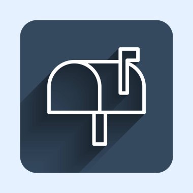 Beyaz çizgi posta kutusu simgesi uzun gölge arkaplanı ile izole edildi. Posta kutusu simgesi. Posta kutusunda bayrak var. Mavi kare düğme. Vektör.