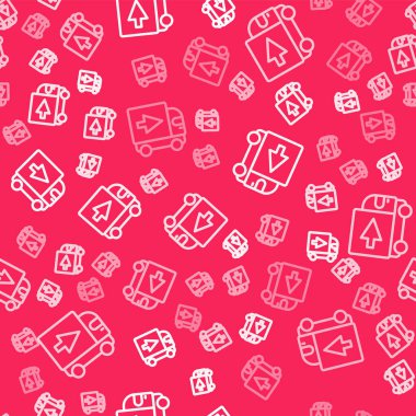 Beyaz çizgili kargo kamyonu ikonu kırmızı arka planda izole edilmiş. Vektör.