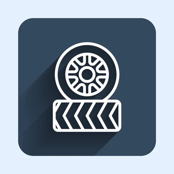 White Line Car Tire Wheel Icon Isolated Long Shadow Background — Archivo Imágenes Vectoriales