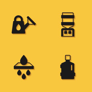 Su kovasını temiz su filtresi kartuşuyla büyük şişeye ve uzun gölgeli soğutucu simgesine ayarla. Vektör.